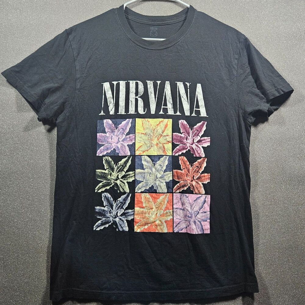 Nirvana Floral Graphic T-Shirt Men’s L Black Grunge Band Tee Cotton